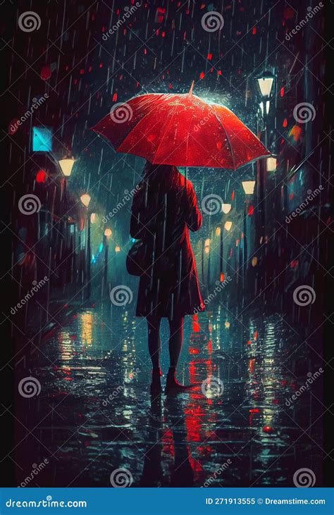 Woman Person In Red The Rain With Umbrella Stock Illustration