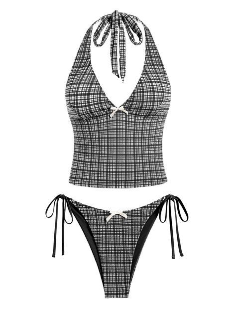 ZAFUL Women S Halter Tankini Set V Neck Tummy Control Floral Printed Tie Side Thong Bikini