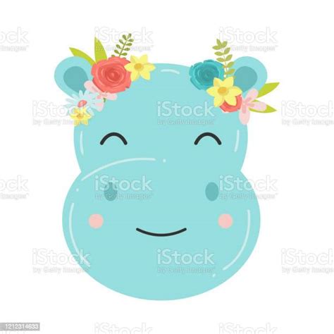 Cute Hippopotamus In A Wreath Of Flowers Raster Illustration In Flat Cartoon Style Stock