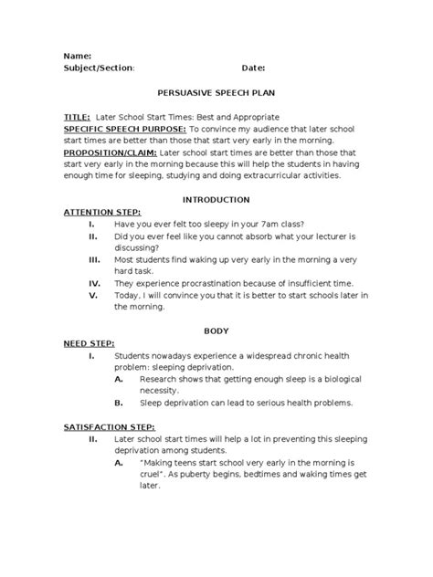 Example Of A Persuasive Speech Plan Sleep Deprivation Sleep