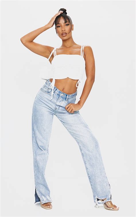 White Slinky Ruched Detail Strappy Crop Top Prettylittlething