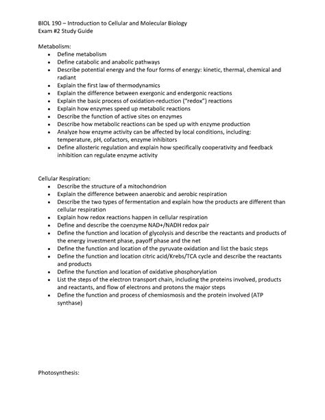 190fa17 Exam2 Studyguide BIOL 190 Introduction To Cellular And