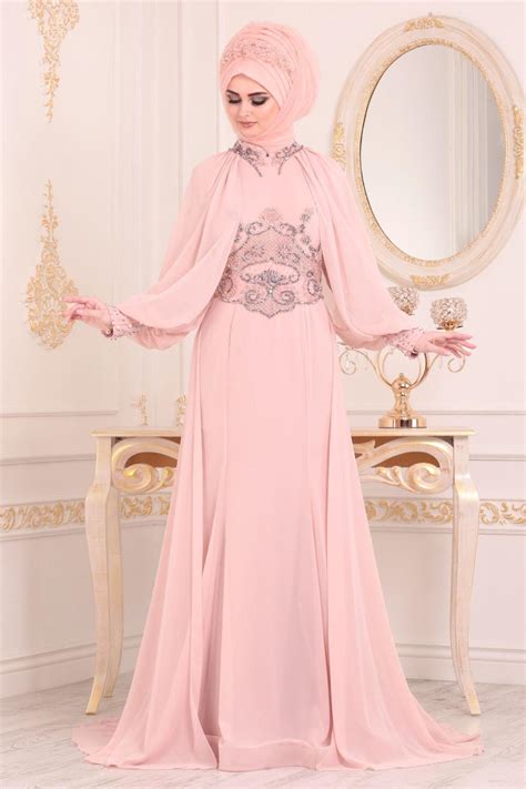 Rose Poudr Tesett Rl Abiye Elbise Robe De Soir E Hijab Pd