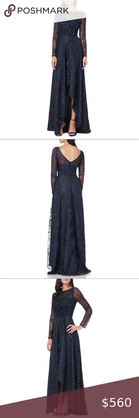 CARMEN MARC VALVO INFUSION Embroidered Gown Navy 4 Long Sleeve Lace