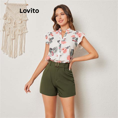 Lovito Conjuntos De Shorts Femininos Boho Es Frontais E Cinto