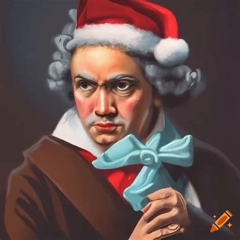 Beethoven Wearing A Santa Hat And Holding Jingle Bells On Craiyon