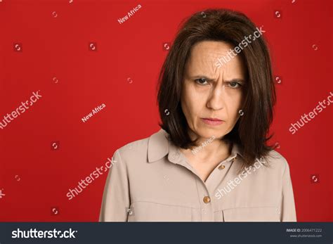 Portrait Angry Woman On Red Background Stock Photo 2006471222