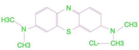 Illustration shows the chemical structure of methylene blue (MB ...