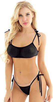 Aiihoo Momen S Sheer Mesh Bikini Set Self Tie Bra Crop Top With Tie Sides Micro Thong Swimsuit