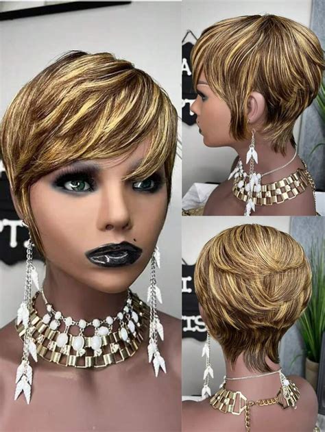 Highlight Synthetic Ombre Light Brown Honey Blonde Short Straight Pixie Cut Hair Style Wigs With
