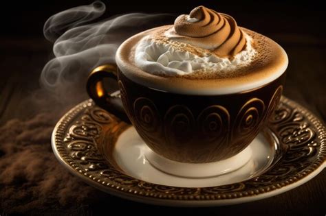 Premium AI Image Closeup Of Hot And Steamy Cup Of Turkish Coffee With Cream Foam On Top