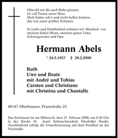 Trauer Und Todesanzeigen Von Hermann Abels Trauer De