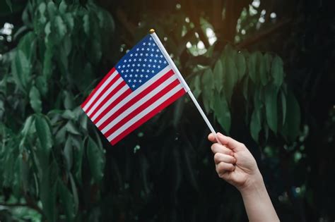 Premium Photo Woman Hand Holding Usa Flag On Green Forest Th July