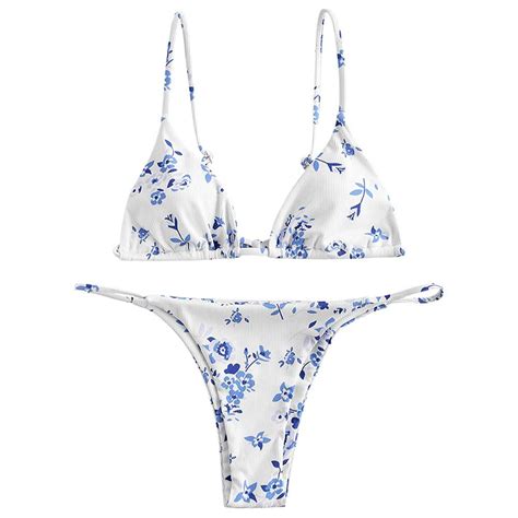 Zaful Ditsy Floral Printed Bikini Set Swimsuit Triangle Cheeky Thong Swimwear White Size For