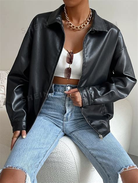 Shein Ezwear Drop Shoulder Zip Up Pu Cropped Leather Jacket Shein Usa