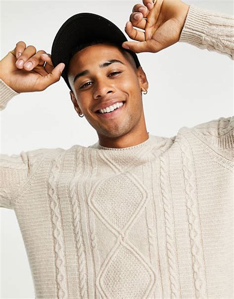 Asos Design Cable Knit Lambswool Crew Neck Jumper In Ecru Asos