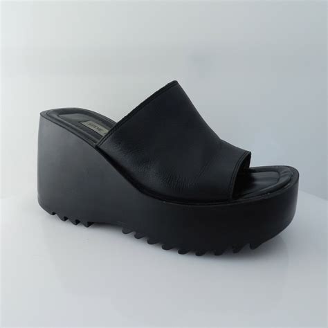 90s Black Leather Platform Wedges Slip On Sandals Size 9