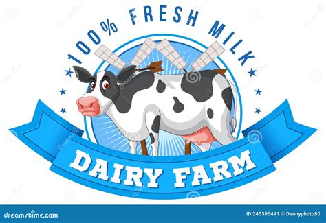 Dairy Farm Label Logo With A Dairy Cow Cartoon Stock Vector