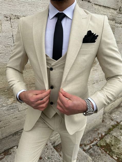 Cream Slim Fit Groom Wool Suit For Men By BespokeDailyShop