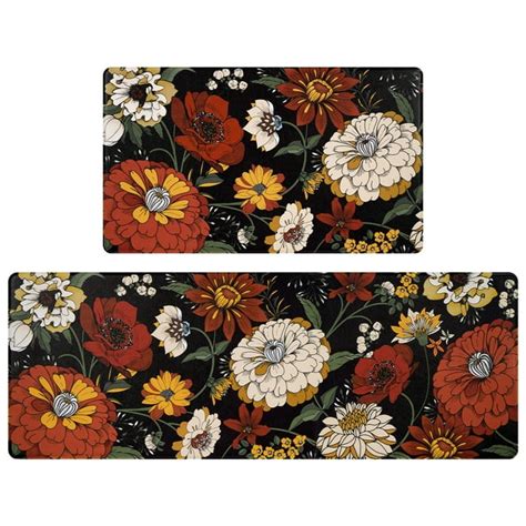 Waipfaru Floral Kitchen Rugs Set of 2 Anti fatigue Kitchen Mat PVC Non ...