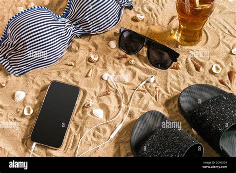 Summer Bikini And Accessories Stylish Beach Set Beach Bikini Summer Outfit And Sea Sand As