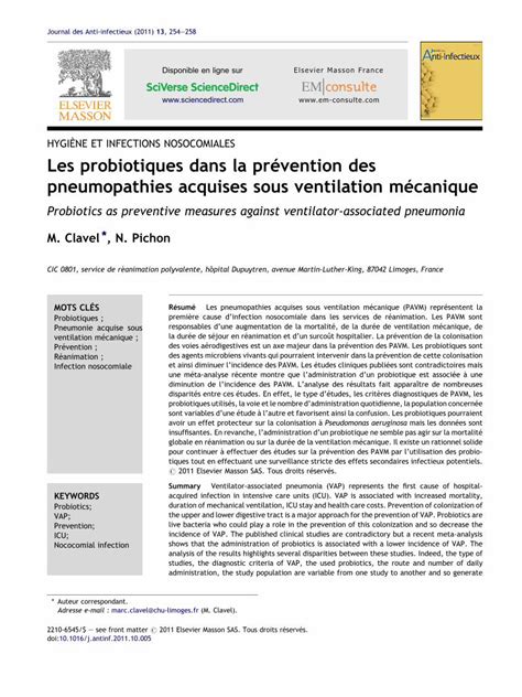 PDF Les probiotiques dans la prévention des pneumopathies acquises