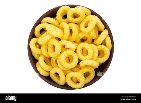 Corn Rings In A Bowl Isolated On A White Background Cereal Puffs With