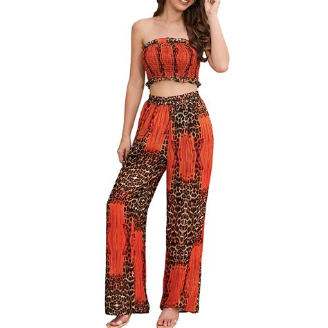 Womens 2 Piece Outfits Sexy Boho Floral Print Crop Tops Wide Leg Pant