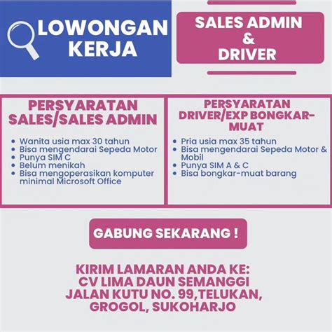 Lowongan Kerja Oktober 2023 Staff Admin CV Lima Daun Semanggi Solo