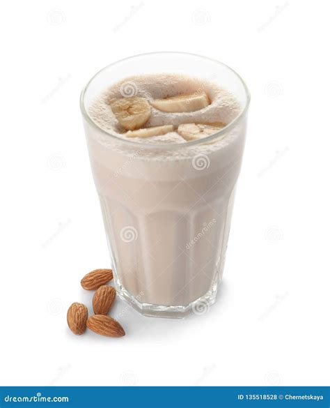 Glass of Protein Shake and Almonds Isolated Stock Photo - Image of