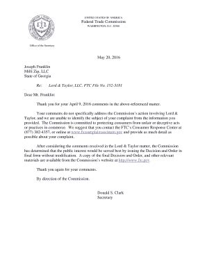 Fillable Online Ftc Letters To Commenters Federal Trade Commission