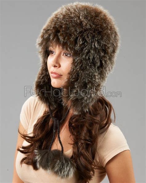 Brown Frost Knit Fox Fur Bonnet Hat With Pom Poms