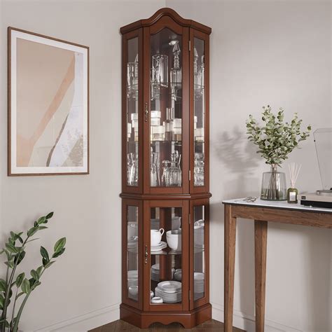 Belleze Loraine Tall Wood Corner Curio Cabinet With Glass Doors 5 Tier Shelves Lighted Display