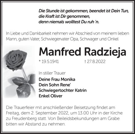 Traueranzeigen von Manfred Radzieja Märkische Onlinezeitung Trauerportal