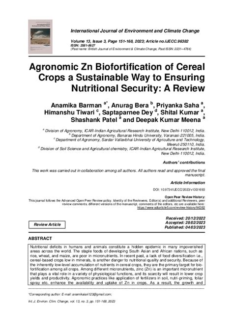 Pdf Agronomic Zn Biofortification Of Cereal Crops A Sustainable Way