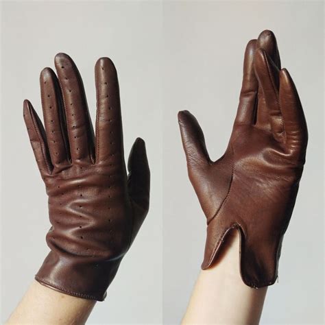 S Chocolate Brown Perforated Leather Driving Gloves Vintage S