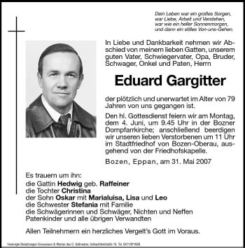 Traueranzeigen Von Eduard Gargitter Trauer Bz