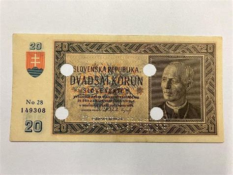 BANKOVKA 20 KORUN SLOVENSKÝCH 1939 SPECIMEN SKARTAČNÍ OTVORY Aukro