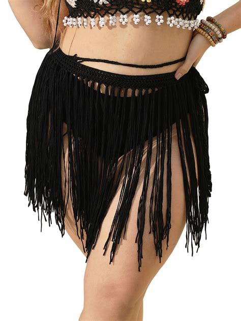 Arvbitana Women Solid Color Crochet Bikini Cover Up Elastic Waist Tassel Mini Beach Skirts