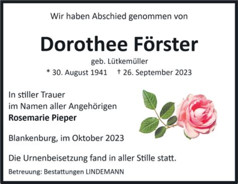 Traueranzeigen Von Dorothee F Rster Abschied Nehmen De