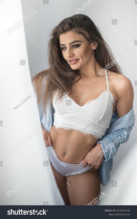 Attractive Sexy Brunette White Lingerie Denim Stock Photo Shutterstock