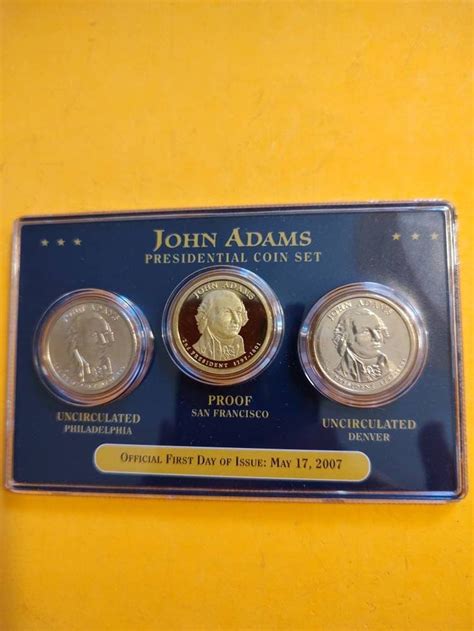 John Adams 3 Coin Dollar Set First Day Of Issue Proof And Philadelphia