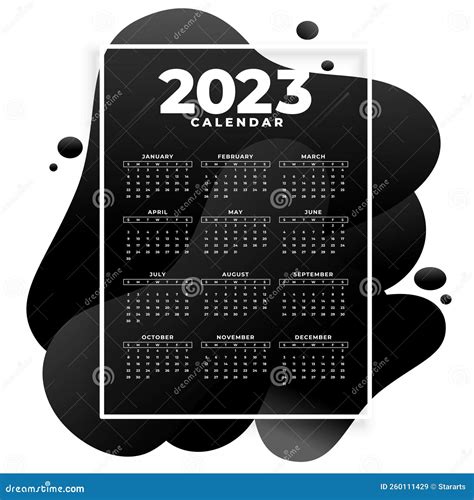 2023 Black Calendar In Fluid Style Template Vector Design Stock Vector