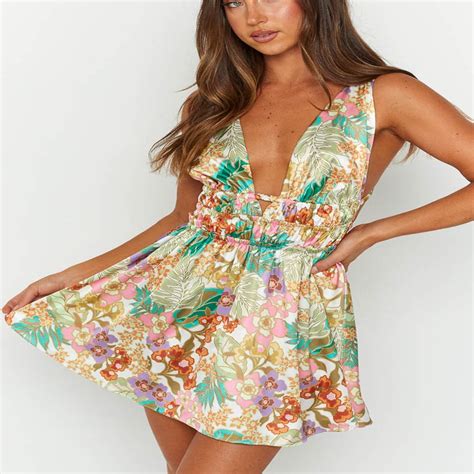 Pengxiang Women‘s Deep V Neck Floral Mini Dress Sleeveless Backless