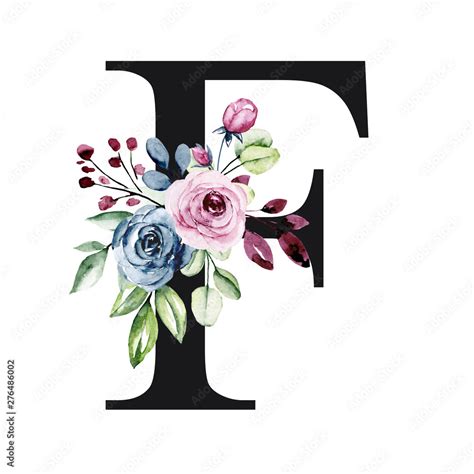 Floral Alphabet Letter F With Watercolor Flowers And Leaves Monogram