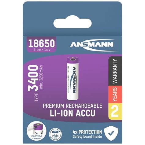 Ansmann Li Ion USB C Rechargeable 18650 3400 MAh Battery Veldshop Nl