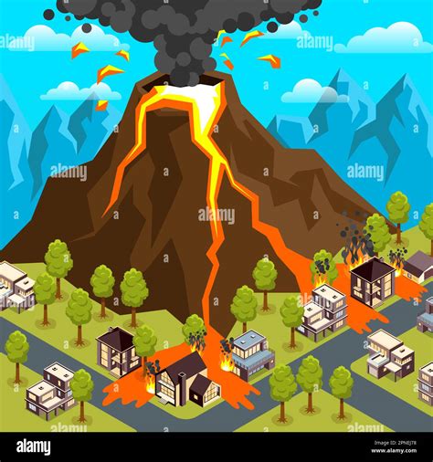 Desastre natural paisaje de erupción volcánica con flujos de lava y