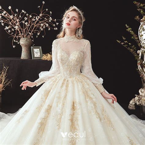 Victorian Style Champagne See Through Bridal Wedding Dresses 2020 Ball