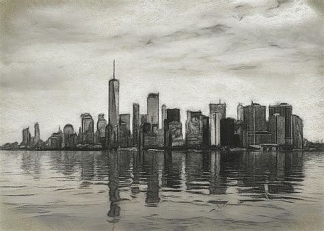 Charcoal drawing of a panorama of Manhattan and New York city wi ...