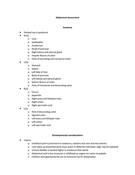 Abdominal Assessment Abdominal Assessment Anatomy Divided Into 4